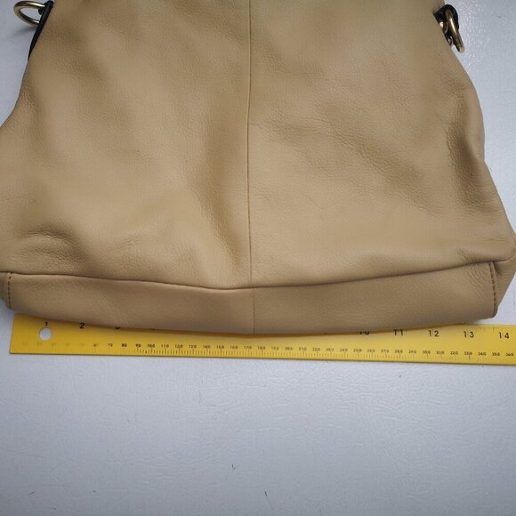 Emma Fox Fold Over Tan & Black w/ Red Handles Genuine Leather Lined Handbag - Picture 10 of 12